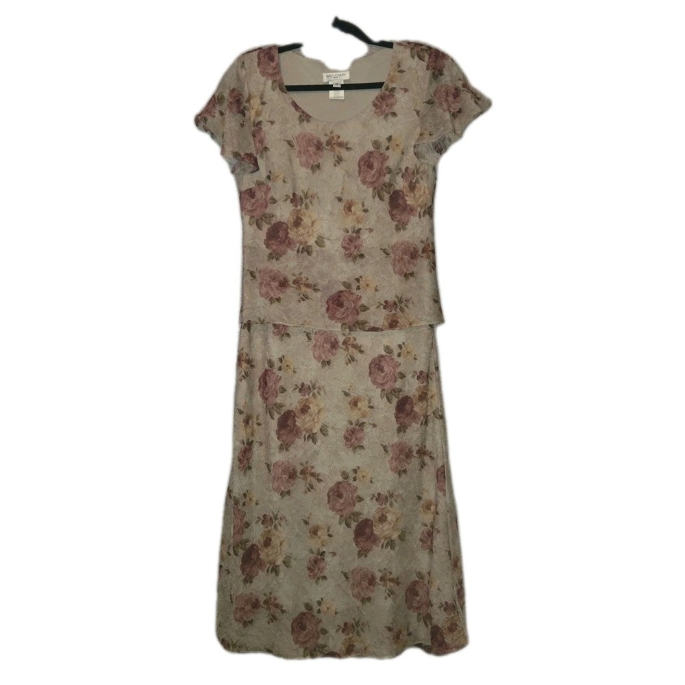 Miss Dorby Women's 10 Floral Print Dress Taupe Crinkled Chiffon Tiered Gown Rose